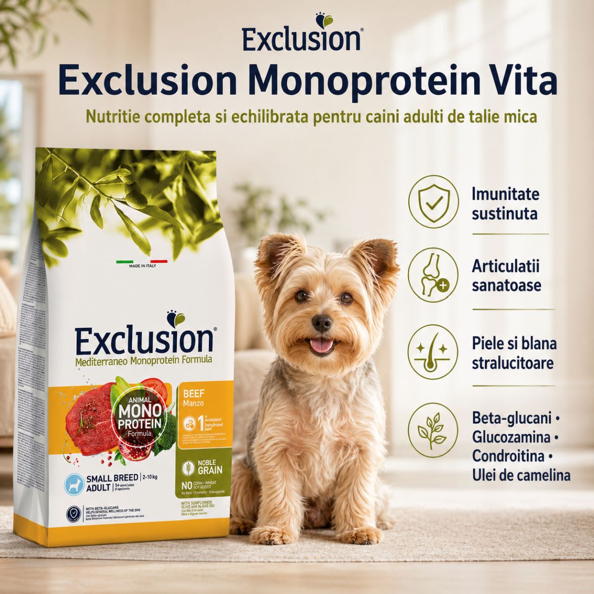 EXCLUSION Mediterraneo Monoprotein Formula Small Breed, XS-S, Vită, hrană uscată monoproteică câini, 2kg